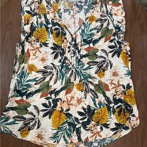 Daniel Rainn Leafy Floral Print Blouse Sleeveless with Ruffle on Shoulder